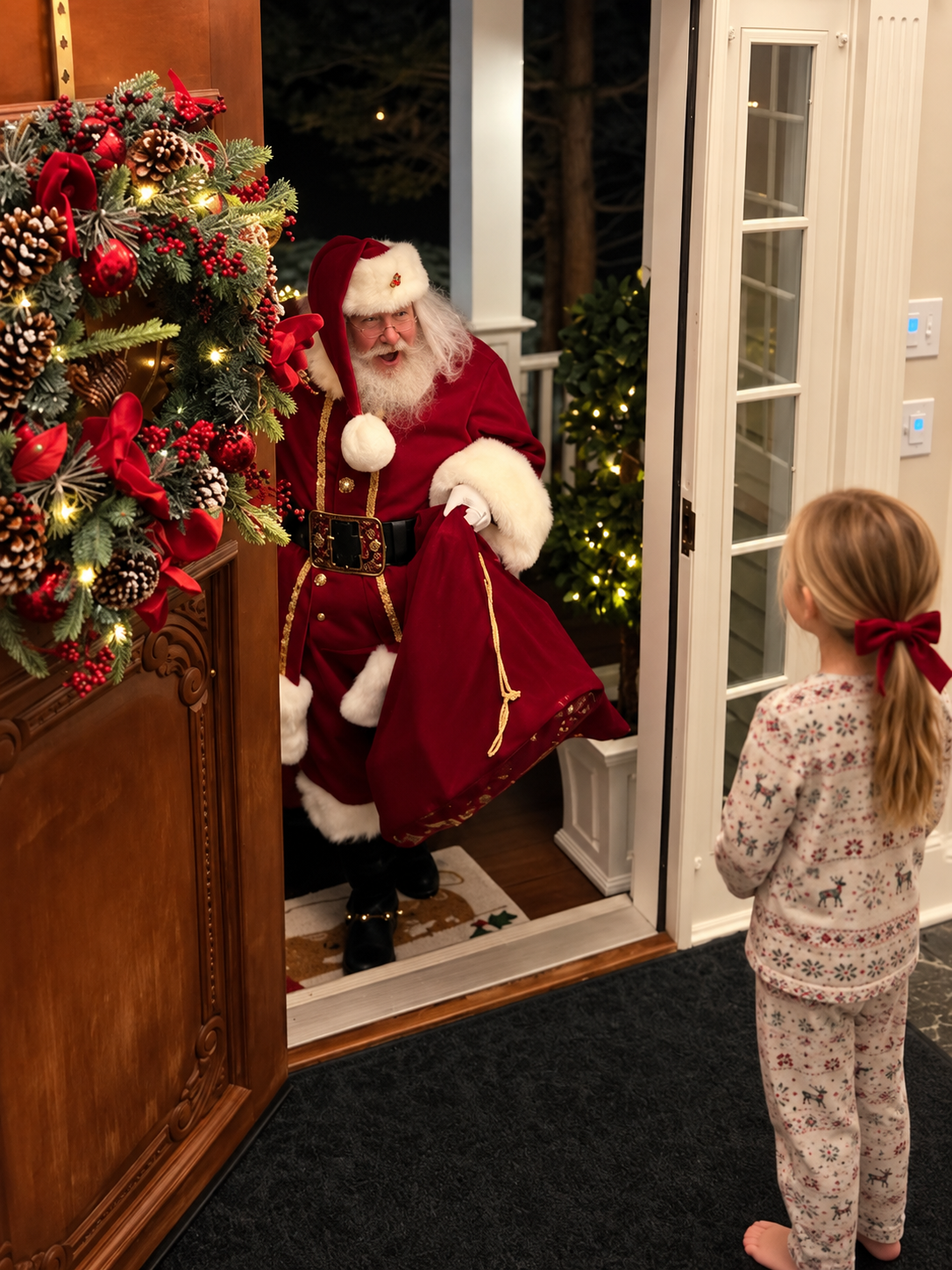 Santa Claus Rose arriving at a family’s doorway as a child waits inside.