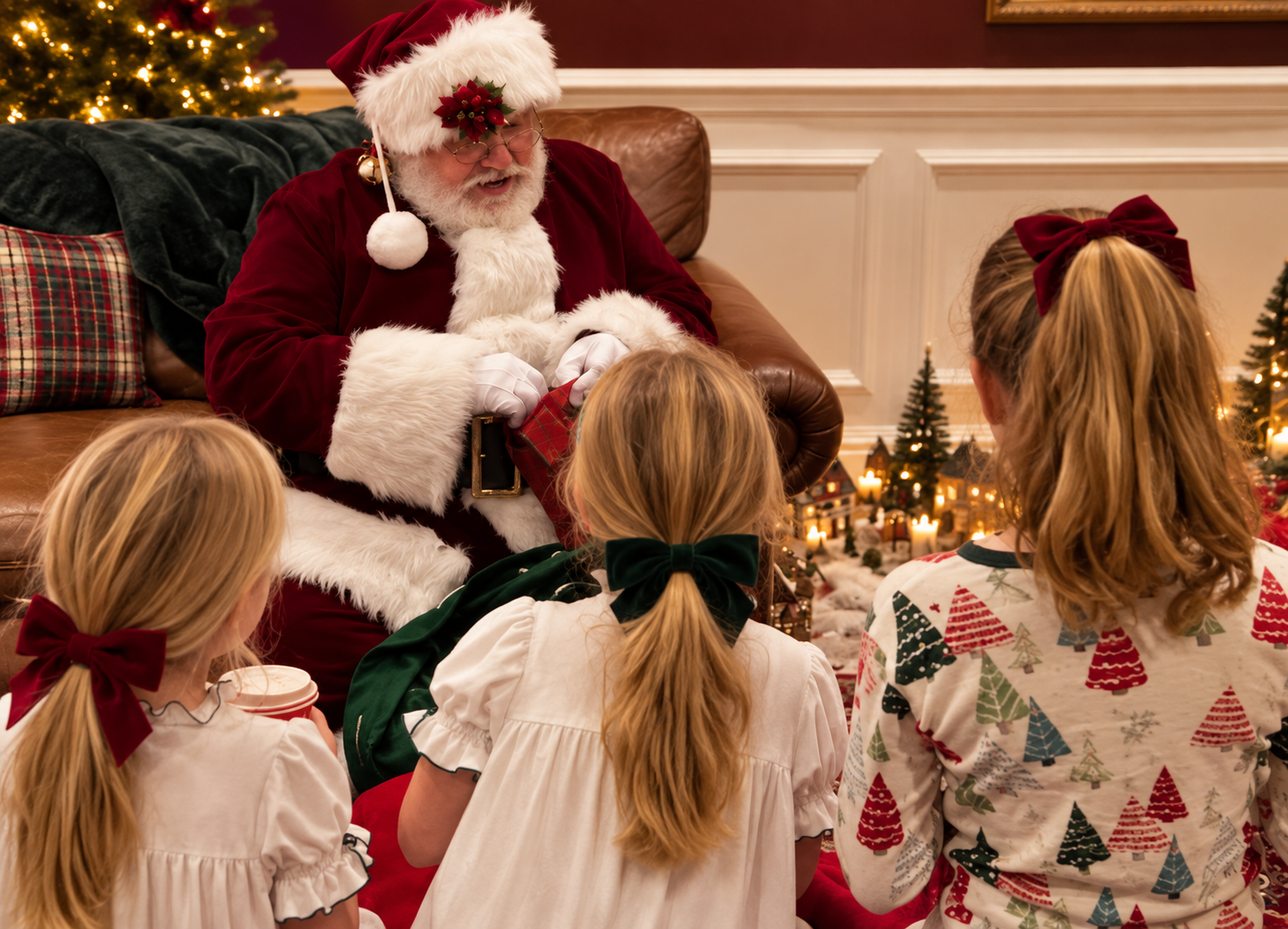 Santa Claus Rose talking with three children gathered close around him